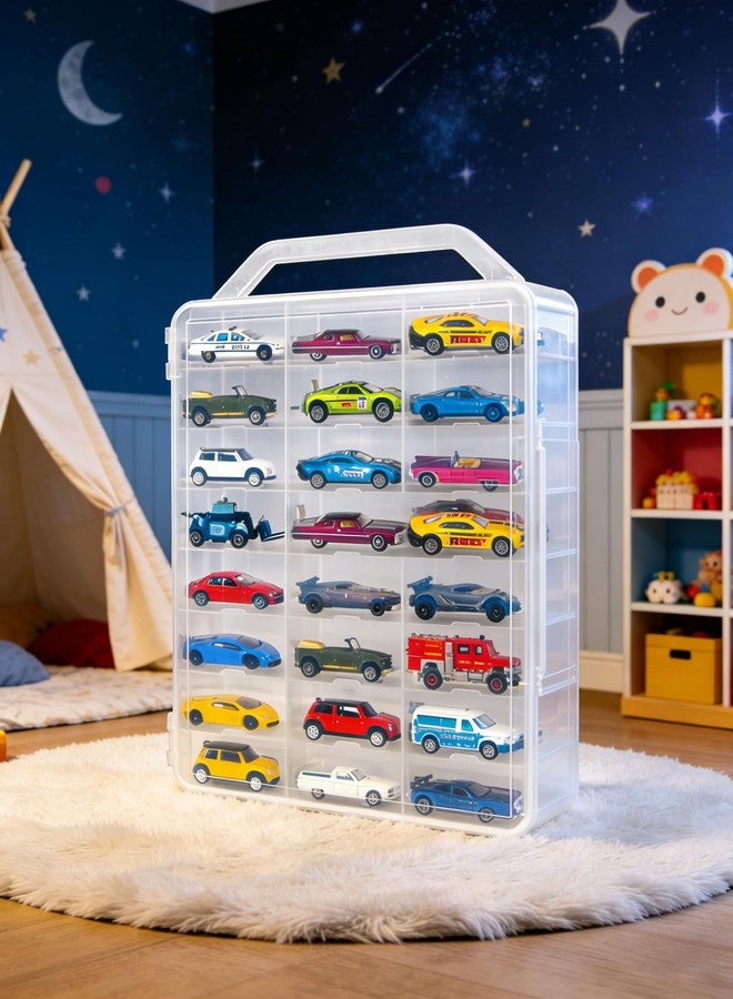 Enklogic Clear Double-Sided Toy Car Display Storage Case, 48 Compartments for 1:64 Scale Die-Cast Model Cars, Transparent Organizer Box with Handle, Case Only(Transparent-2 Pack) - Image 3